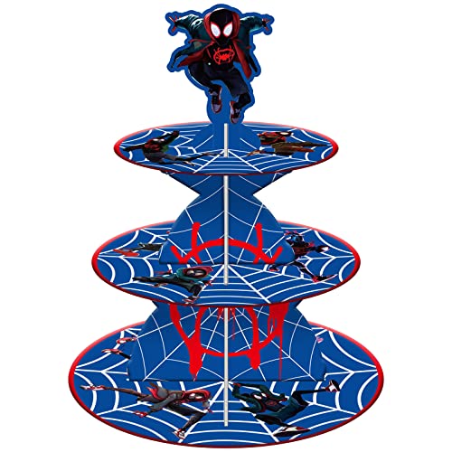 Miles Morales 3 Tier Cardboard Cupcake Stand Spider Hero Treat Stand Cupcake Holder Spidey Themed Party Decorations Supplies for Kids Fans Birthday Party