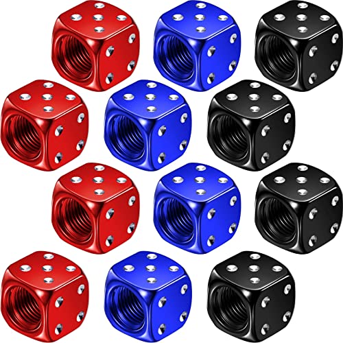 12 Pieces Aluminum Dice Valve Aluminum Dice Style Valve Stem Caps Car Motorcycle Tire Caps Bicycle Dust Caps Multicolored Caps Car Motorcycle Bicycle Tire Dust Caps,0.47inch (Black, Red, Blue)