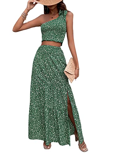 Verdusa Women's 2 Piece Outfit Floral Tie Shoulder Crop Top and Split Maxi Skirt Sets Green S