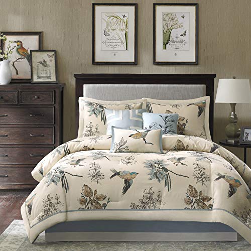 Madison Park Quincy Cozy Comforter Nature Scenery Design - All Season Bedding, Matching Bed Skirt, Decorative Pillows, Quincy, Leaf & Bird Khaki Queen(90'x90') 7 Piece