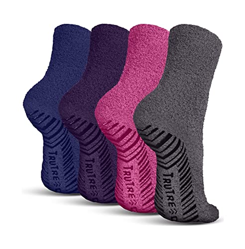 TruTread Fuzzy Slipper Socks with Grippers for Women and Men - 4 Pairs Non Skid Socks / No Slip Fuzzy Socks | Hospital Socks with Grips for Women and Hospital Socks for Men with Grips
