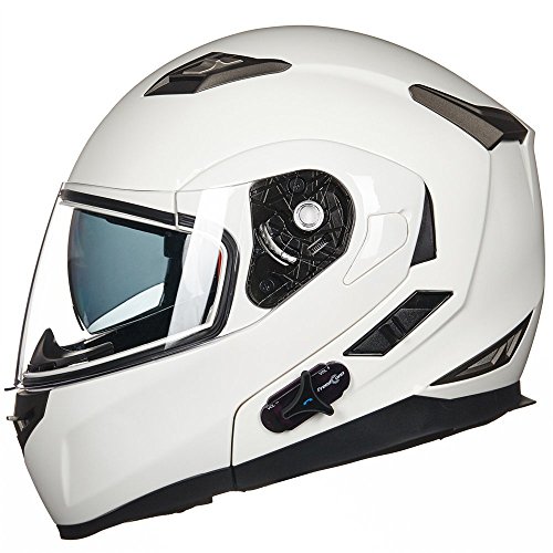 ILM Bluetooth Integrated Modular Flip up Full Face Motorcycle Helmet Sun Shield Mp3 Intercom Model 953 (M, White)