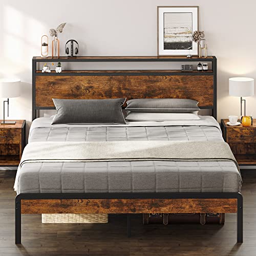 LIKIMIO Full Bed Frame, Platform Bed Frame Full with 2-Tier Storage Headboard and Strong Support Legs, More Sturdy, Noise-Free, No Box Spring Needed,Vintage Brown