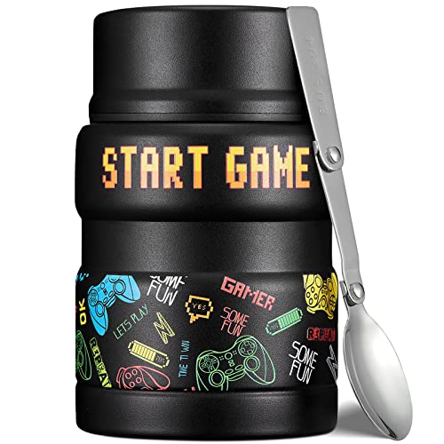 Charcy 17 Ounce Kids Thermos for Hot Food - Soup Thermos with Folding Spoon - Insulated Food Jar for Hot & Cold Food - Black Game