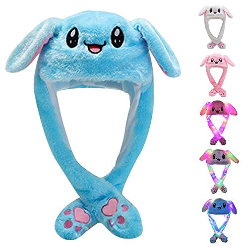 Bunny Hat Funny Plush Bunny Hats Ear Moving Jumping Hat Plush Rabbit Hat Kids Adult Christmas Party Cosplay Cute Animal Hats (Blue-1)