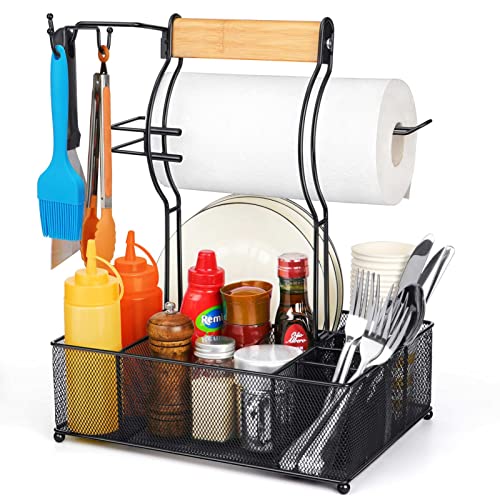 FANGSUN Grill Caddy, BBQ Caddy with Paper Towel Holder, Picnic Condiment Utensil Caddy for Outdoor Camping, Barbecue Accessories Storage Organizer for Griddle Grilling Tool, Rv Patio Camper Must Haves, 13.4'W x 9.6'D x 17.2'H