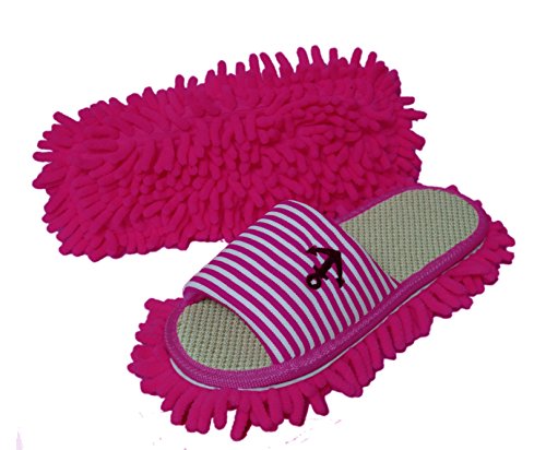 Friendly House Women's Microfiber Floor Cleaning Mop Slippers with Stripes and Embroidery (Suitable for Women Size 7-9, Fushcia)