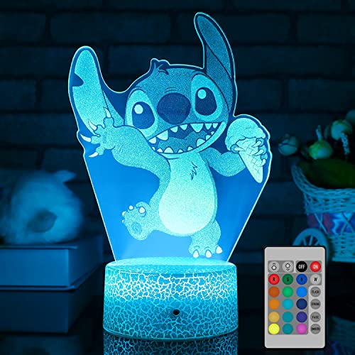 Stitch 3D Cute Night Light, Stitch Gifts for Kids,Stitch Toys Patterns & 16 Color Change with Remote Control Kids Room Decor, Anime Lamp Stich Birthday Xmas Gifts for Kids Boys Girls Teen Friend