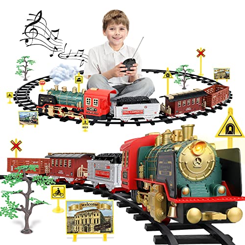 Mini Tudou Christmas Electric Train Set w/Steam, Sound & Light, Remote Control Train Toys w/Steam Locomotive Engine, Cargo Cars & Tracks, Toy Train w/Rechargeable Battery for Kids Boys 3+ Year Old