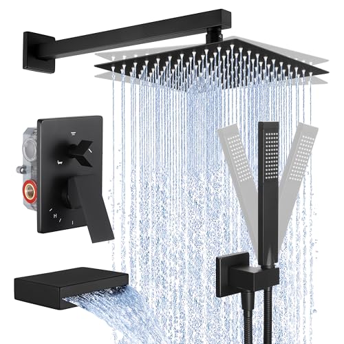 KES Shower System with Tub Spout Bath Shower Faucet Set Complete 10 Inch Rain Shower with Handheld Spray Pressure Balance Black, XB6305-BK