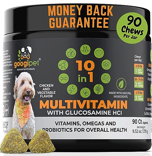 Googipet 10 in 1 Dog Multivitamin with Dog Probiotics for Gut Health, Dog Vitamins and Supplements with MSM & Glucosamine for Dogs Hip & Joint Support - Omega 3 Krill Oil for Skin & Coat