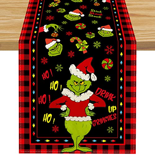 Linen Grinch Christmas Decorations Christmas Table Runner Merry Grinchmas Grinch Table Runner Tablecloth Christmas Xmas Winter Holiday Home Kitchen Dining Room Table Decorations 13x72 Inch