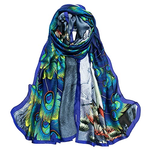 NaSoPerfect Silk Feeling Scarf Large Headscarf Fashion Peacock Pattern Sunscreen Hair Wraps Soft Neck Scarves for Women Blue