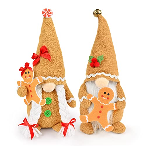 D-FantiX Christmas Gingerbread Man Gnomes Plush Doll Sets, 2Pcs Handmade Stuffed Scandinavian Gnome Decorations Kits, Nordic Swedish Tomte Gnome Collectible Figurines Ornament, Tiered Tray Decor