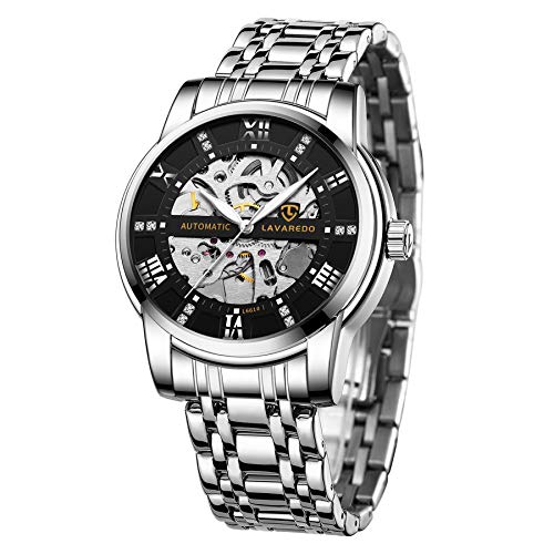 A ALPS Mens Watch Skeleton Luxury Mechanical Stainless Steel Waterproof Black Automatic Self-Winding Roman Numerals Diamond Dial Wrist Watch