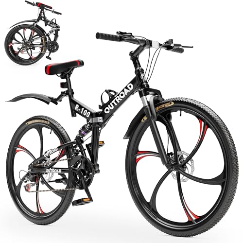 Outroad 26 Inch Folding Mountain Bike, 21 Speed Full Suspension High-Carbon Steel MTB Foldable Bicycle, Dual Disc Brake Non-Slip Folding Bikes for Adults/Men/Women, Black