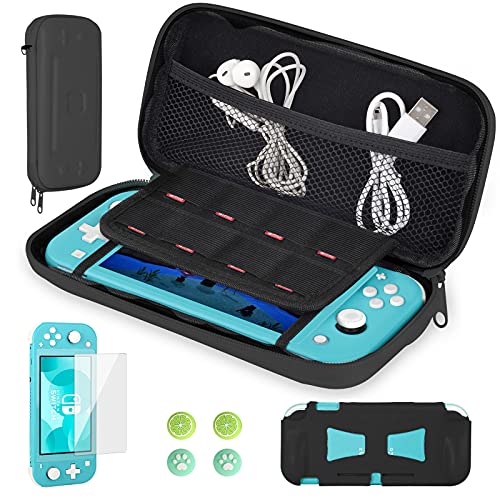 CoBak Carrying Case for Nintendo Switch Lite - with 1 Screen Protector, 1 Grip Case and 4 Thumb Grip Caps, Ultra Slim Premium EVA Travel Pouch Protective Cover, 8 Game Cartridges, Black