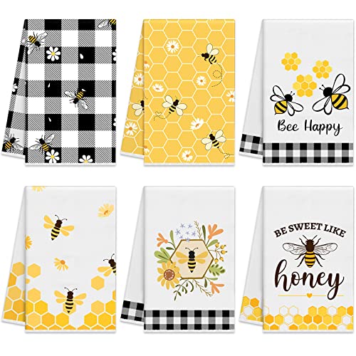Oudain 6 Pcs Highland Cattle Farmhouse Kitchen Towels Highland Cow Farmhouse Hand Towels 24' x 16' Absorbent Sunflower Floral Dish Tea Towels Coths for Bathroom Home Gift Decor(Bee)