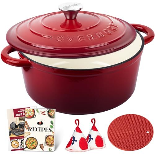 Overmont Enameled Cast Iron Dutch Oven - 5.5QT Pot with Lid Cookbook & Cotton Heat-resistant Caps - Heavy-Duty Cookware for Braising, Stews, Roasting, Bread Baking
