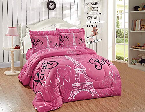 Luxury Home Collection Kids/Teens/Girls 7 Piece Queen Size Comforter Bedding Set/ Bed in A Bag with Sheets Floral Paris Eiffel Tower Flowers Hearts White Pink Black (Pink, Queen Comforter)