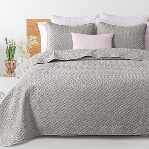 Exclusivo Mezcla 3-Piece Queen Size Quilt Set with Pillow Shams, Basket Quilted Bedspread/Coverlet/Bed Cover(96x90 Inches, Light Grey) -Soft, Lightweight and Reversible