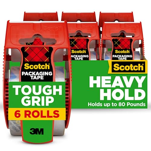 Scotch Tough Grip Moving Packaging Tape, 1.88'x 22.2 yd, Strong Hold on All Box Types Including Recycled, Secures Boxes up to 80 lbs, 1.5' Core, Clear, 6 Dispensered Rolls (150-6)