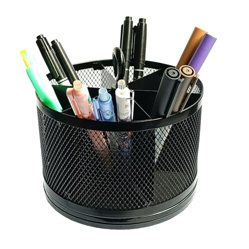 SETTFRFE Rotating Pen/Pencil Holder for Desk,Supplies Organizer Pen Caddy,6 Compartments Spinning Multi-Functional Large Desktop Pen Container Organizer,Black (Metal Mesh Style)