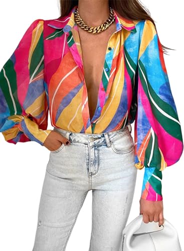 EVALESS Womens Tops Long Sleeve Shirts Cute Blouses for Women Fashion 2024 Multicolor Button Down Shirt for Women Dressy Casual Boho Clothes Spring Outfits for Holiday Sexy V Neck Tops for Fall,Small