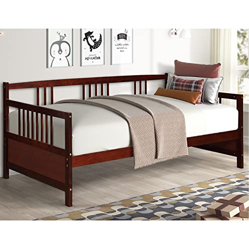 Giantex Twin Daybed Frame, Wooden Sofa Bed Guest Bed with Rails & Wood Slat Support, Dual-use Twin Size Platform Bed Frame for Living Room Bedroom, No Box Spring Needed (Twin,Cherry)