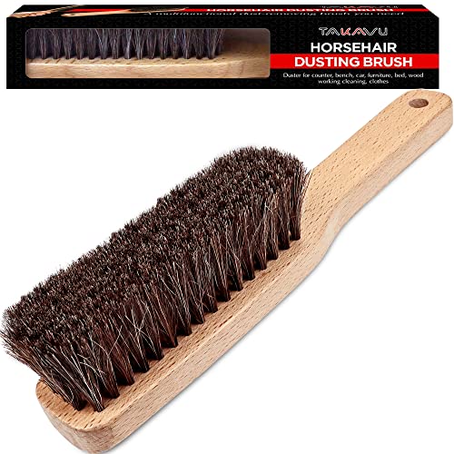 Horsehair Shoe Boot Brush 10.2 inches, Hat Brush, Hand Broom Brush by TAKAVU, 100% Soft Genuine Horse Hair Bristles, Long Beech Wood Handle for Cleaning Shoe, Boot, Counter, Bed, Cloth, Furniture