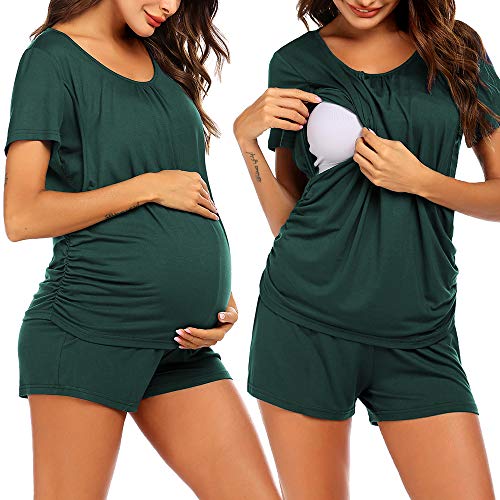 Ekouaer Womens Nursing Pajamas Set for Maternity/Breastfeeding/Delivery/Hospital Pregnancy Clothes Dark Green L