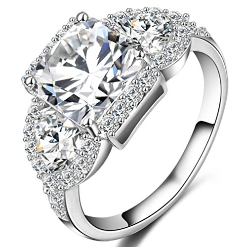 FENDINA Womens 18K White Gold Plated 3 Stone CZ Crystal Eternity Promise Ring Engagement Wedding Bands, Size 9