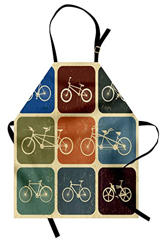 Lunarable Vintage Apron, Retro Image Collage of Bicycle Bikes in a Row Abstract Pattern Colored Art, Unisex Kitchen Bib with Adjustable Neck for Cooking Gardening, Adult Size, Soft Beige