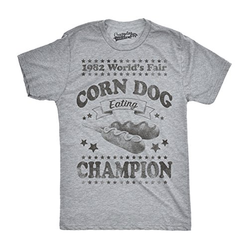 Mens Corn Dog Eating Champion Funny Hot Dog World Fair Vintage 1982 T Shirt Funny Mens Shirts for Foodies with Vintage Sayings Light Grey M