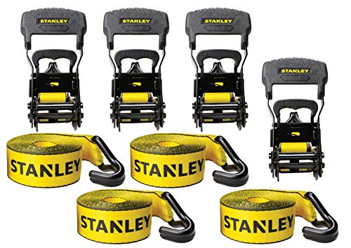 STANLEY S10074 Black/Yellow 1.5' x 16' Ratchet Tie Down Straps - Heavy Cargo Securing (3,300 lbs Break Strength), 4 Pack