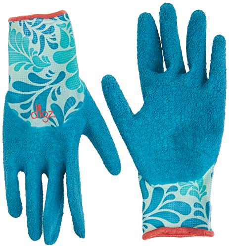 DIGZ 77383 Long Cuff Stretch Knit Gardening Gloves, Work Gloves with Full Finger Latex Coating, Blue Leaves Pattern, Medium
