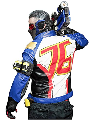 Leather Maker Mens Jack Morrison Overwatch Soldier 76 Cosplay Motorcycle Leather Jacket- Black- X-Large