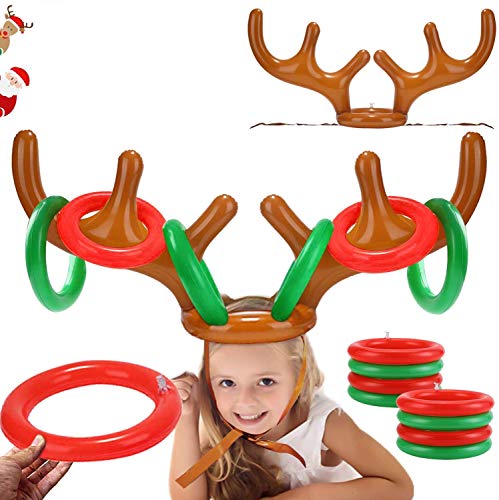 LEDeng 2PCS Christmas Party Toss Game Inflatable Reindeer Antler Hat with Rings for Kids Adults Family Xmas Fun Games(1 Pump，8 Rings, 2 Antlers)