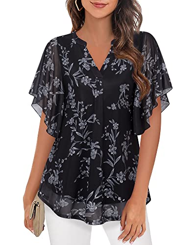 Timeson Womens Blouses and Tops Dressy,Ruffles Sleeve Tunic Floral Ladies V Neck Business Casual Shirts Work Clothes for Women Office Summer Flowy Peasant Blouse Loose Fit Multi-Black M