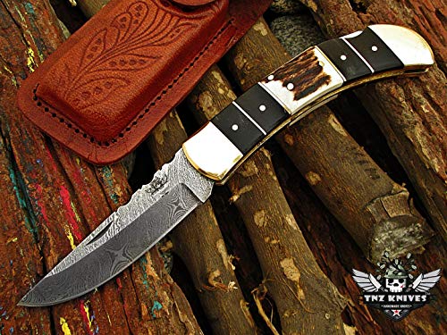 TNZ-54 USA Damascus Knife 3.7 in Blade in 7 Ounce Folded Original Laguiole Folding Custom Handmade Stainless Steel Blade Pocket Knife with Leather Cover TNZ Hand Made Damascus Knives