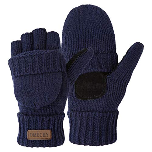 OMECHY Winter Knitted Fingerless Wool Gloves Thermal Insulation Warm Convertible Mittens Flap Cover for Men Women