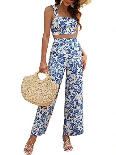 Floerns Women's 2 Piece Boho Floral Print Knot Shoulder Zip Back Crop Cami Top and Maxi Pants Set Blue White Flower M
