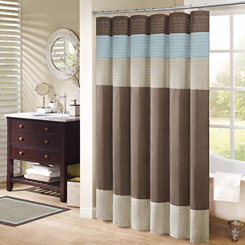 Madison Park Amherst Bathroom Shower Curtain Faux Silk Pieced Striped Modern Microfiber Bath Curtains, 72x72' Inches, Blue
