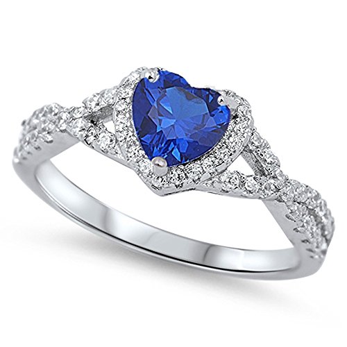 Sterling Silver Heart Halo Simulated Gemstone Promise Ring (6, Blue (Simulated Sapphire)