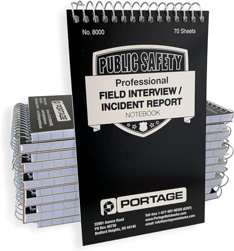 Portage Public Safety Police Field Interview Notebook – Top Bound Spiral Notebook with Template for Interviews, Accidents & Incident Reports – 3.75 x 6 Inches, 70 Sheets, 140 Pages, (Pack of 12)