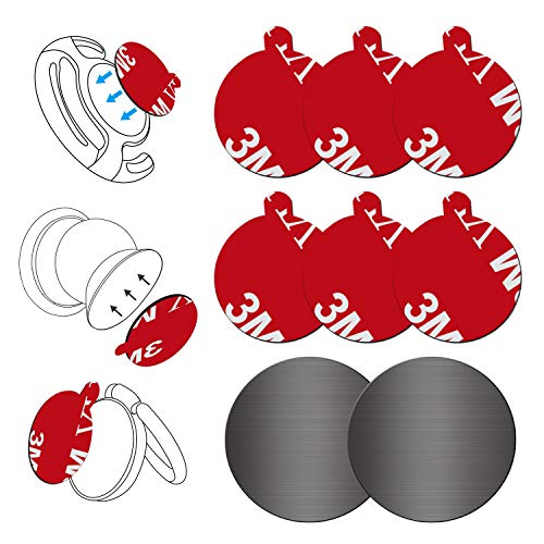 Pops Sticky Adhesive Replacement for Car Mount, Volport 6 Pack 3M Dots VHB Sticker Pads Double Sided Tape for Magnetic Dashboard Cell Phone Holder Wall Socket Base with 2 Pack Round Metal Plate Discs