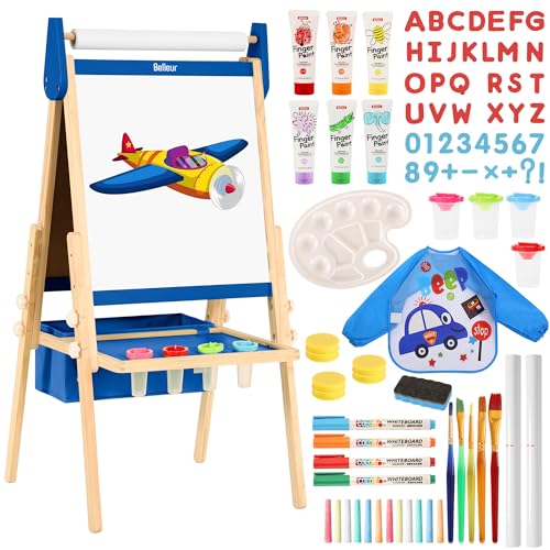 Belleur All-in-One Art Easel for Kids with 2 Paper Rolls & Deluxe Accessories, Adjustable Magnetic Double Sided Whiteboard & Chalkboard, Painting Kid Easel for Toddlers 2-8, Ideal Christmas Gift