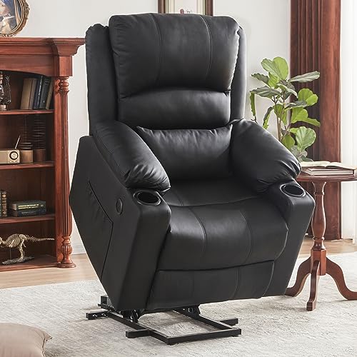 WILLOVE Power Lift Recliner Chair for Elderly, Heat and Massage Chair Recliner, Electric Power Recliner with Cupholder, Extended Footrest, USB & Type C Ports, FauxLeather Black