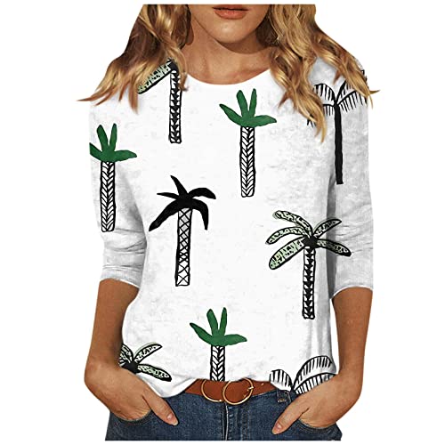 Summer Tops for Women 2024 Women Hawaiian Shirt Hawaiian Shirts for Women Summer Tops for Womens 2024 Casual Beach Printed Tropical Pullover Crewneck 3/4 Sleeve T Shirt White L1