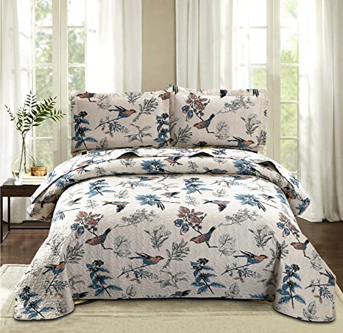 Quilt Set Queen Size Bedspread Coverlet Queen Quilt Bedding Country Farmhouse Quilt Reversible Bedding Lightweight Quilt Bedspread Set Queen Grey Leaves Floral Bird Print Home Quilt Collection Bedding